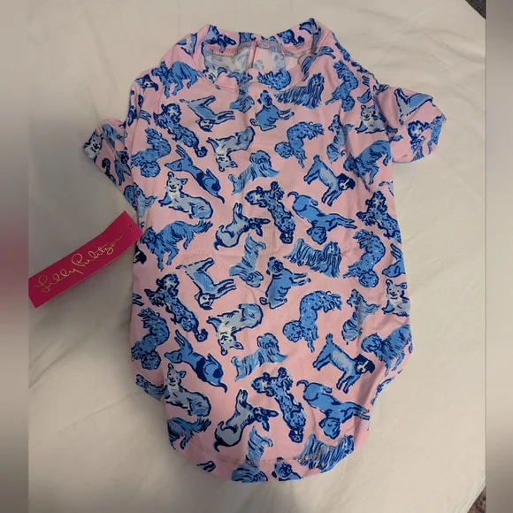Lilly Pulitzer Pink and Blue Dog Print Shirt For PET - Picture 1 of 3